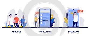 About us, contact us, follow us concept with tiny character and icons. Customer loyalty and technical support abstract vector illu