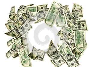 Us dollar. American money, falling cash. Flying hundred dollars isolated