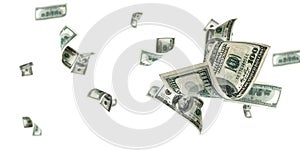 Us dollar. American money, falling cash. Flying hundred dollars isolated on white background.