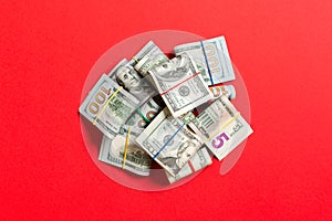 US Dollar bills bundles stack. one hundred dollar bills with stack of money in the middle. Top view of business concept on