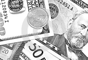 US dollar and euro abstract background black and white.