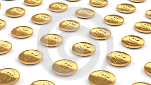 us dollar gold coins line up flying over white floor 3d render