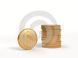 Us dollar gold coins line up flying over white floor 3d render