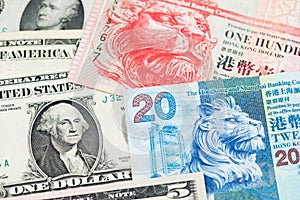 US Dollar and Hong Kong Dollar banknotes. USD HKD