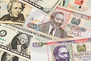 US Dollar and Kenyan Shilling Banknotes. Africa Kenya USA