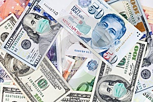 US dollar and Multi Currency with mask indicating COVID affects on financial  crisis