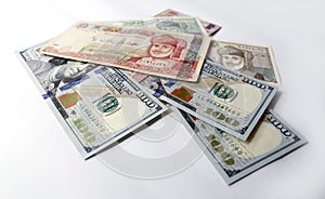 US dollar and Omani Riyal on white background