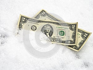 US dollar in the snow. Two dollar bills. Financial concept