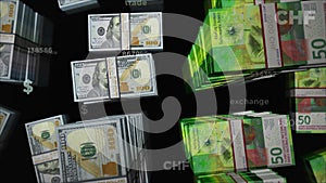 US Dollar and Swiss Francs money exchange loop animation