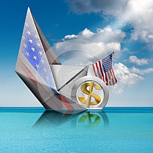 US Dollar symbol sinking aboard of a paper boat - Recession concept