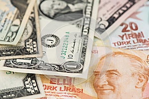 US Dollar and Turkish Lira currency banknotes close up image. USD to TRY Money