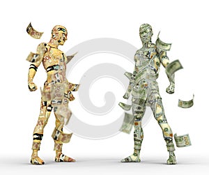 US Dollar vs Canadian dollar, Forex trading, currency pairing, human characters made of money, currency fight
