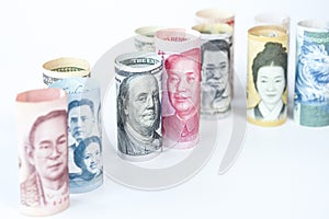 US dollar and Yuan banknote among international banknotes. Its is symbol for tariff trade war crisis between United States of