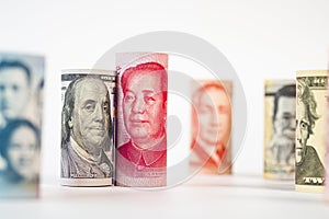 US dollar and Yuan banknote among international banknotes. Its is symbol for tariff trade war crisis between United States of