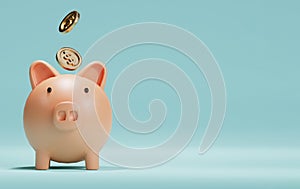US dollars coins falling to pint piggy saving bank on blue background and copy space , Money save by 3D rendering concept