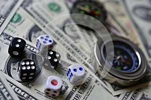 US dollars. Dice and compass. Financial games