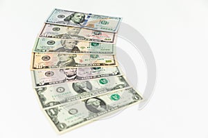 US dollars. Finance background of 5, 10, 20, 50 and 100 dollar bills