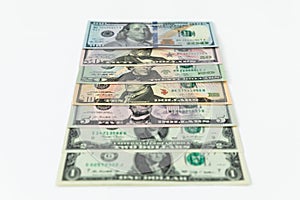 US dollars. Finance background of 5, 10, 20, 50 and 100 dollar bills