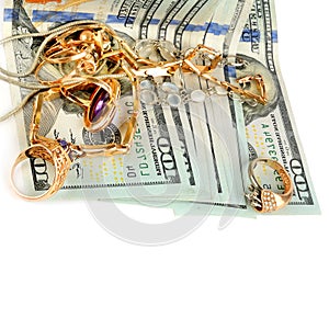 US dollars and jewelry isolated on white background. Free space for text