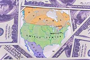 US dollars on the map of American