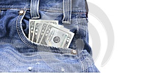 US dollars or money in Blue Denim Jeans Pocket, Concept on earning money, saving money