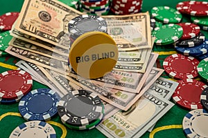 US Dollars play card and poker chips on a gaming table