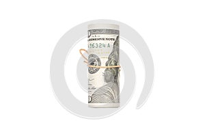 US dollars rolled up and tightened with band isolated on white background