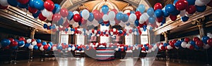 US election. Presidential campaign hall decorated with american flags and balloons