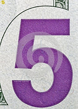 US five dollars bill corner, closeup