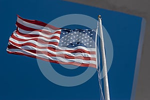 US flag as seen through open roof of the USS Arizona Memorial at Pearl Harbor