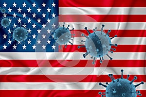 US flag. Blue viral cells, pandemic influenza virus epidemic infection, coronavirus, infection concept. 3d-rendering