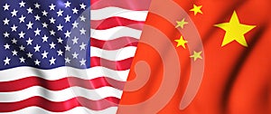 Us flag and chinese flag waving in the wind trade