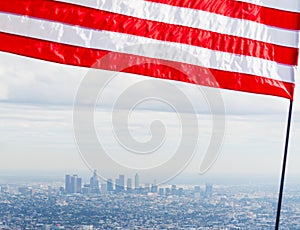 US flag with Los Angeles on the background