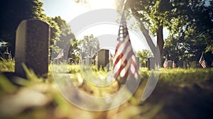 US Flag at Military Cemetery on Veterans Day or Memorial Day. Concept National holidays, Flag Day, Veterans Day, Memorial Day,