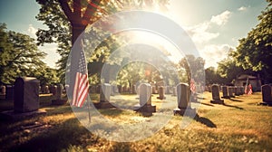 US Flag at Military Cemetery on Veterans Day or Memorial Day. Concept National holidays, Flag Day, Veterans Day, Memorial Day,