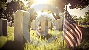 US Flag at Military Cemetery on Veterans Day or Memorial Day. Concept National holidays, Flag Day, Veterans Day, Memorial Day,