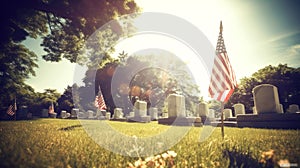 US Flag at Military Cemetery on Veterans Day or Memorial Day. Concept National holidays, Flag Day, Veterans Day, Memorial Day,