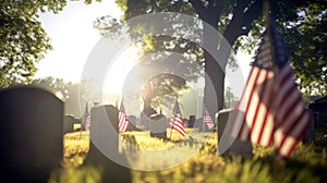 US Flag at Military Cemetery on Veterans Day or Memorial Day. Concept National holidays, Flag Day, Veterans Day, Memorial Day,