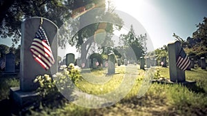 US Flag at Military Cemetery on Veterans Day or Memorial Day. Concept National holidays, Flag Day, Veterans Day, Memorial Day,