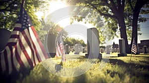 US Flag at Military Cemetery on Veterans Day or Memorial Day. Concept National holidays, Flag Day, Veterans Day, Memorial Day,