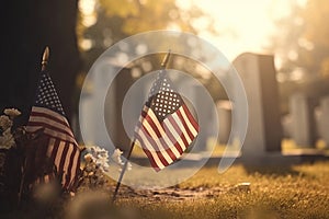 US Flag at Military Cemetery on Veterans Day or Memorial Day generative AI