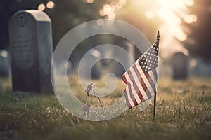 US Flag at Military Cemetery on Veterans Day or Memorial Day generative AI