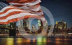 US flag New York City& x27;s Brooklyn Bridge and Manhattan skyline illuminated