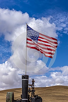US flag on a steam engine.