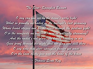 US Flag at Sunset with 4th of July with lyrics from national anthem