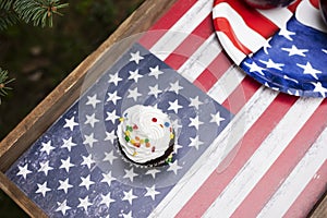 US flag tray with sweets. Top view. independence Day.