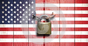 Government shutdown. US flag on wooden door closed with padlock. 3d illustration