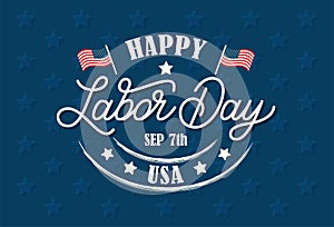 US Labor day logo. Vector illustration of celebration text, USA flag, stars isolated on navy background. Typography poster