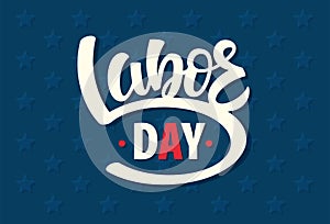 US Labor day logo. Vector illustration in USA flag colors with celebration text, stars isolated on navy background