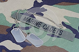 US MARINE CADETS branch tape and dog tags on woodland camouflage uniform